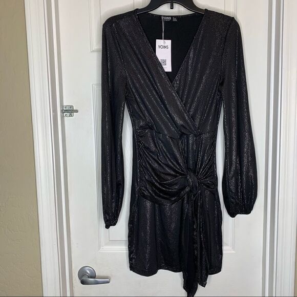 YOINS Black Metallic Wrap Dress Size Small - Picture 1 of 10